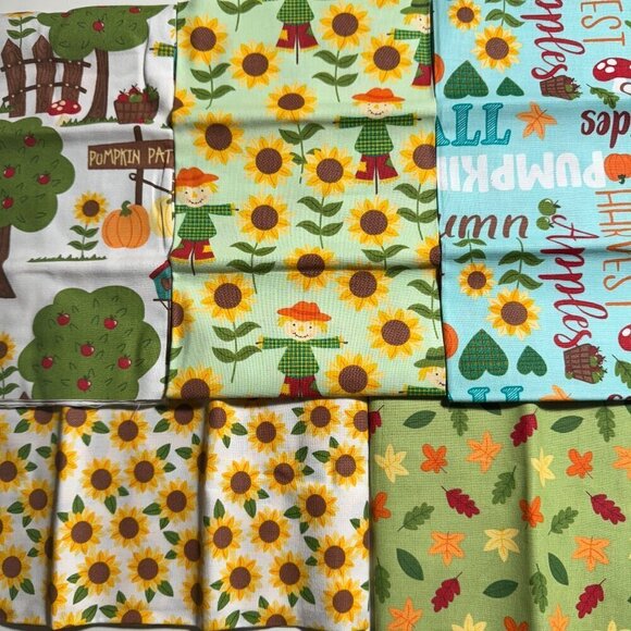 🛒 $9 Quilt Cotton Fabric Material 5 Fat Quarter Fall Pumpkins Sunflower #7 - Picture 1 of 7